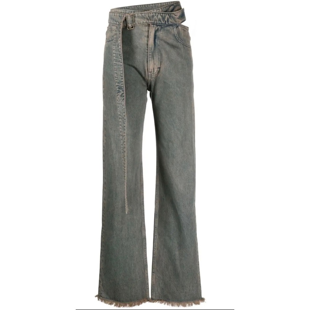 Jade Cropper Grey Cutout Straight Leg‎ Belted Jeans XL Frayed Hem High Rise Rare